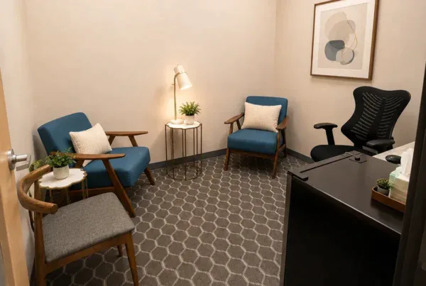 Individual therapy office with comfortable armchairs at Heights Behavioral Health outpatient treatment center in Houston