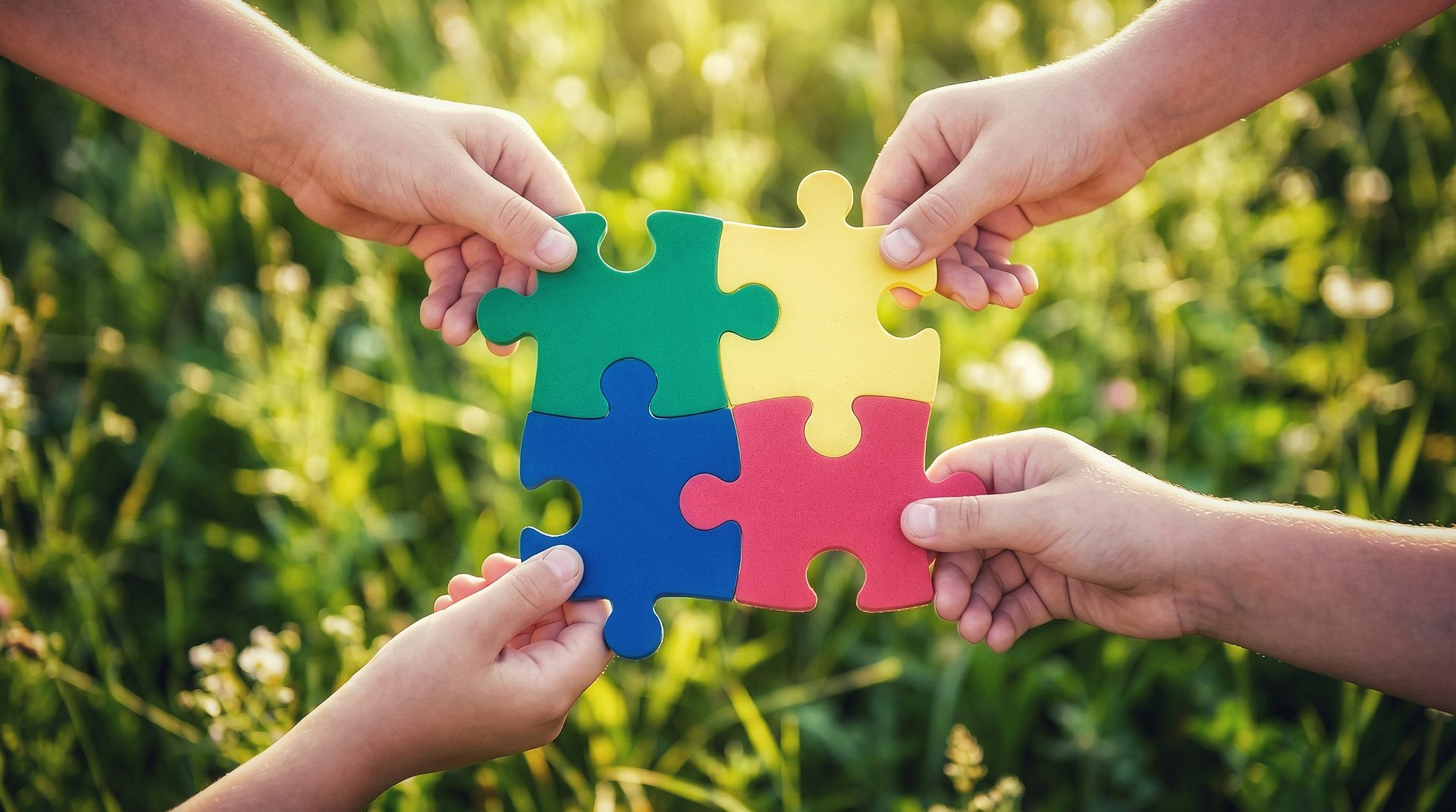 Four hands fitting puzzle pieces together, representing collaborative solution focused brief therapy in Houston