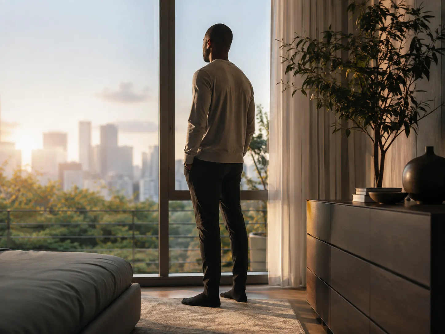 Man looking out a window toward the Houston skyline at sunrise during a quiet moment of reflection