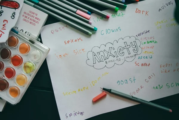 Art therapy journaling page exploring anxiety with watercolors and colored pencils at Heights Behavioral Health in Houston