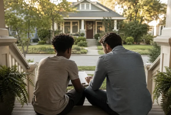 Two men sitting on front porch steps having a supportive mentoring conversation, illustrating chemsex treatment