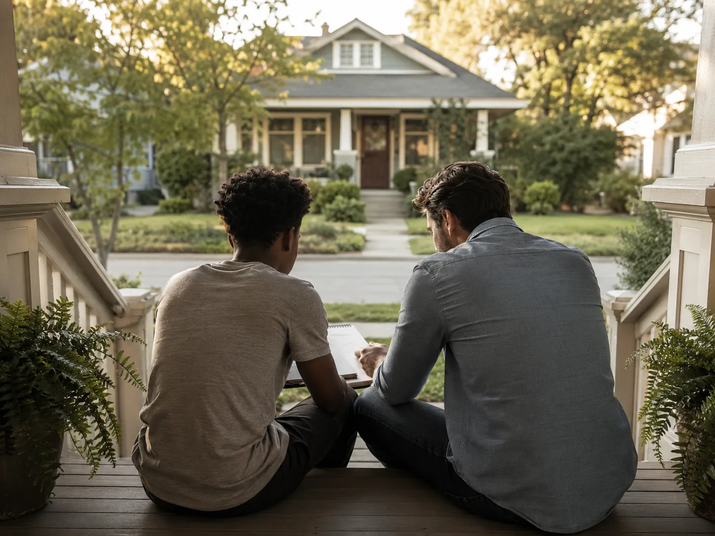 Two men sitting on front porch steps having a supportive mentoring conversation, illustrating chemsex treatment