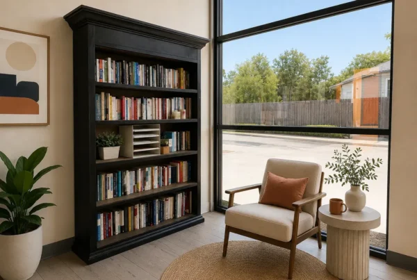 Quiet reading nook with an armchair and bookshelves where a therapist reviews intake notes, illustrating using FMLA for rehab