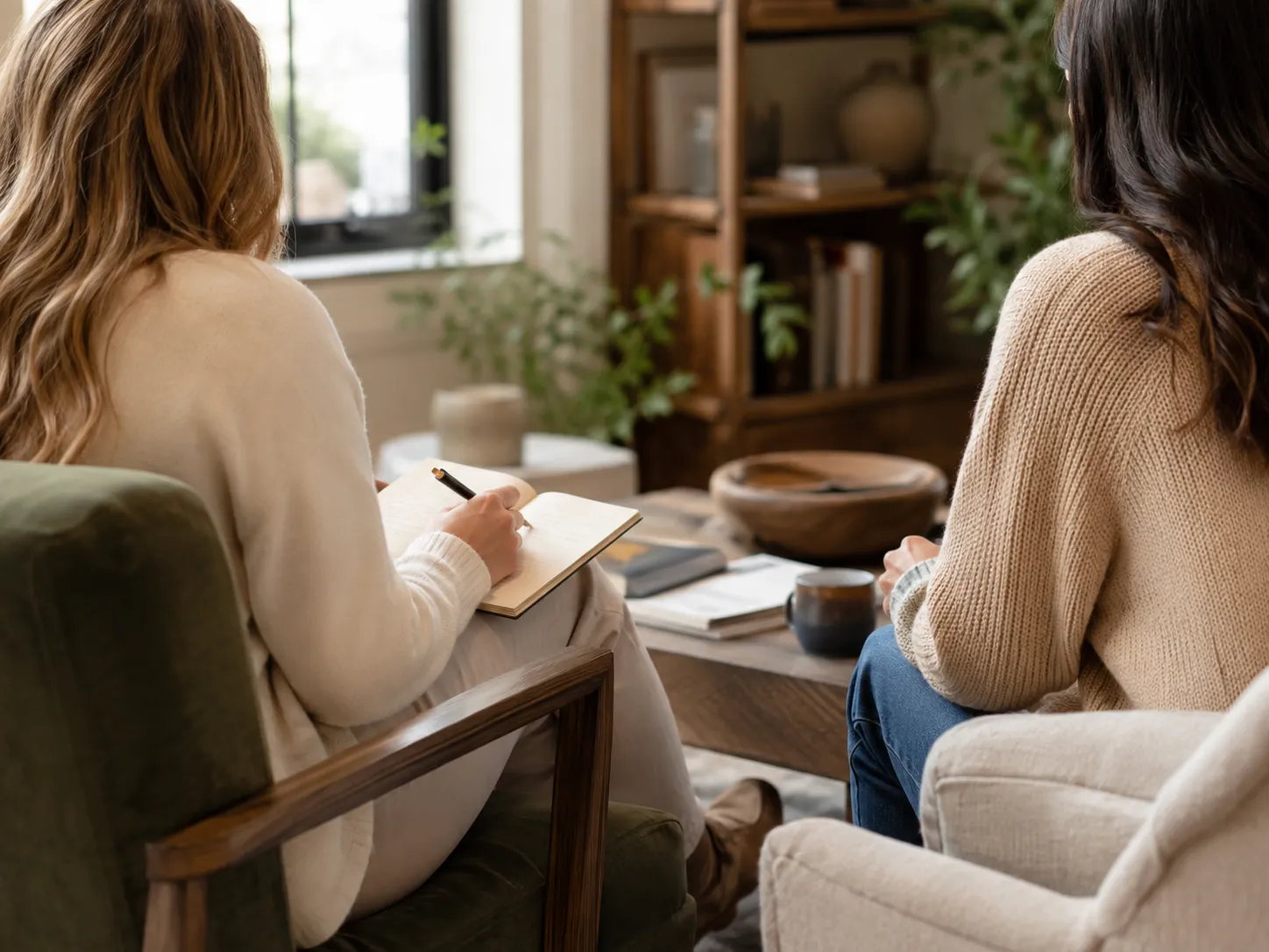 Clinician taking notes during an individual therapy session with a client, illustrating formal disclosure in sex addiction recovery