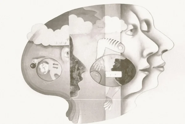 Surreal line drawing of overlapping faces within one head, representing the parts of self explored in internal family systems therapy