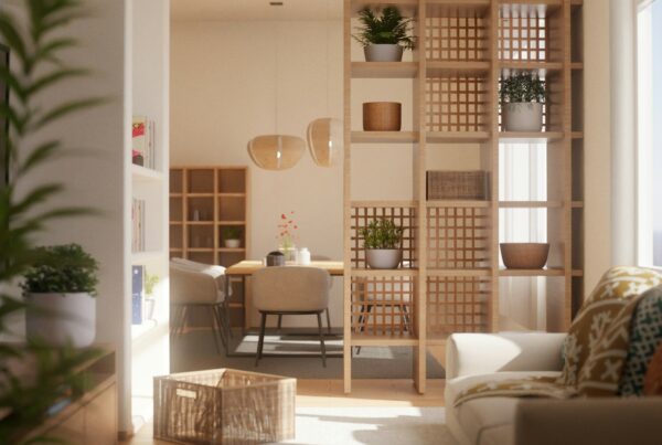 Bright modern living room with wood shelving, plants and a linen sofa, representing the personalized setting of Individualized Intensive Programming