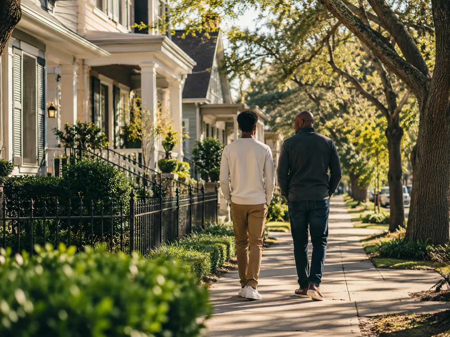 Two men walking together along a tree lined Houston Heights sidewalk